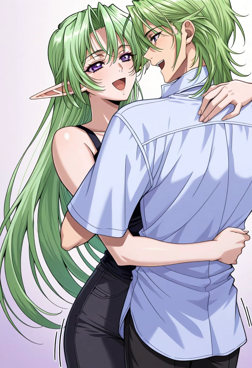 masterpiece, best quality, newest, highres, uncensored, 1girl, yokota mamoru style,1girl, slender face,motion lines, ,Kamyu,Green hair, Waist Length hair,long hair,Violet Eyes,Pointed Ears,elf, 1girl, hug, 1boy, long hair, open eyes, happy, open mouth, hetero,jewelry,girl wearing a black lingeries and white pants