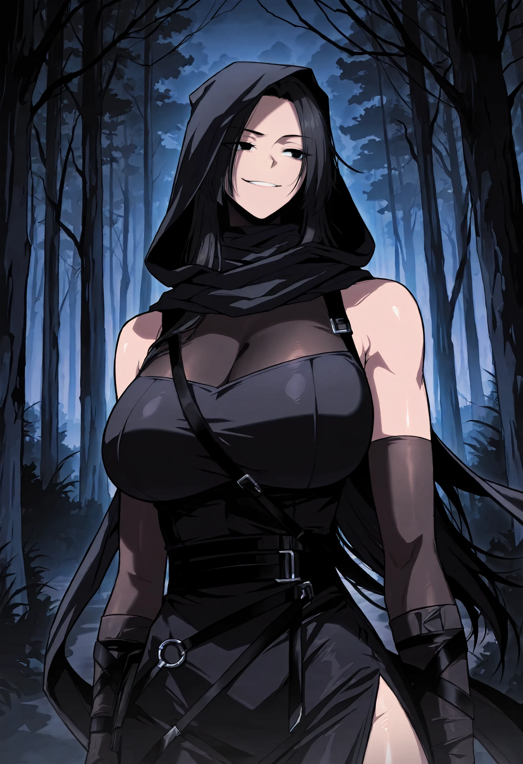 masterpiece, best quality, amazing quality, very aesthetic, absurdres, newest, scenery, 1girl, solo, huge breasts, smirk, <lora:Xuehua illustxl:1.0> black hair, black eyes, long hair, parted bangs, black scarf, hooded up, black dress, covered cleavage, see-thorugh, sleeveless, elbow gloves, black belt, black skirt, long skirt, side slit, black thighhighs, black smoke, upper body, walking, forest, dark, night, outside, looking away, shiny skin, masterpiece, best quality, amazing quality, very aesthetic, absurdres, newest, scenery