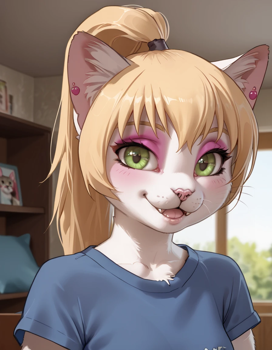 indoors,bedroom,
headshot,smile,long eyelashes,parted lips,happy,mole under eye,
pink t-shirt,
<lora:Alisa_v01_PDXL:1>,Alisa,1girl,solo,furry female,cat girl,green eyes,eyeshadow,animal ears,long hair,blonde hair,ponytail,cat tail,animal nose,body fur,white fur,snout,whiskers,fangs,