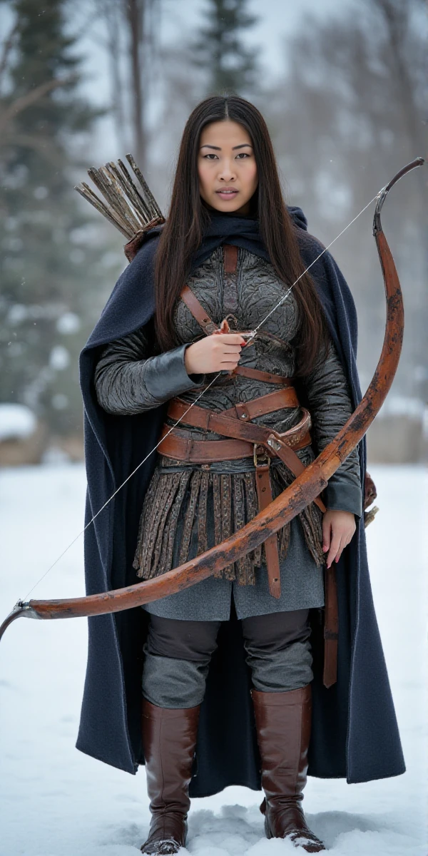 <lora:Sharon_Lee:0.8> sharon lee, long hair, she wears an intricate leather armor and holds a bow. She is a viking warrior in the snow