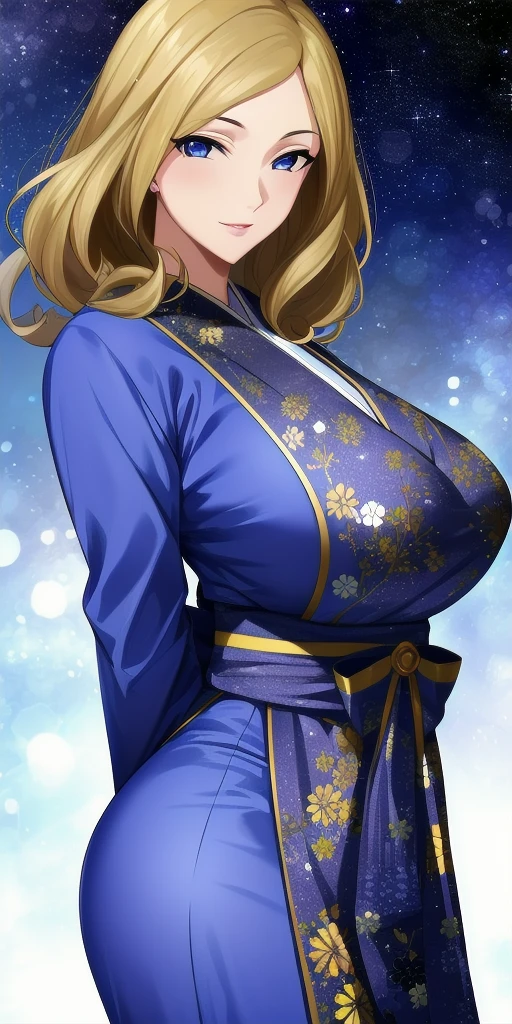 <lora:MillyV2:0.7> milly_ashford, huge_breasts, standing, solo, arms_behind_back, starry_sky, japanese_clothes, masterpiece, best_quality, detailed_face, detailed_eyes, highres, beautiful, detailed, absurdres,