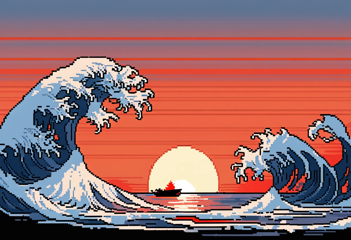 kanagawa_okinami_ura, sunset at the sea with a red sun glowing on the horizon with a wooden boats swept up by the waves, pixelated 16 bit style