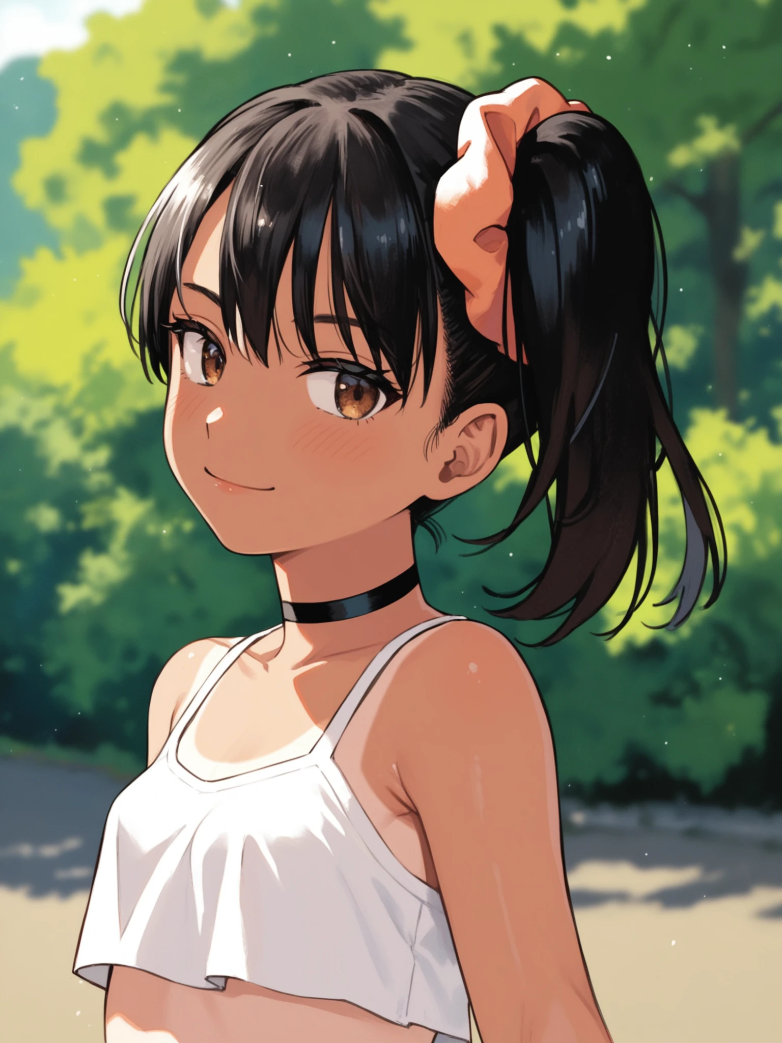 <lora:happy_tentacle-annoakane-v0.1-000010:1>, ht_annoakane, hair scrunchie, choker, tanlines, black hair, brown eyes , seductive smile, outdoors, day cowboy shot, (petite:1.2), 1girl, solo focus, (looking at viewer:1.1), sidelighting, (depth of field:0.8), (from below:0.8), score_9, score_8_up, score_7_up, score_6_up, score_5_up, score_4_up, rating_safe