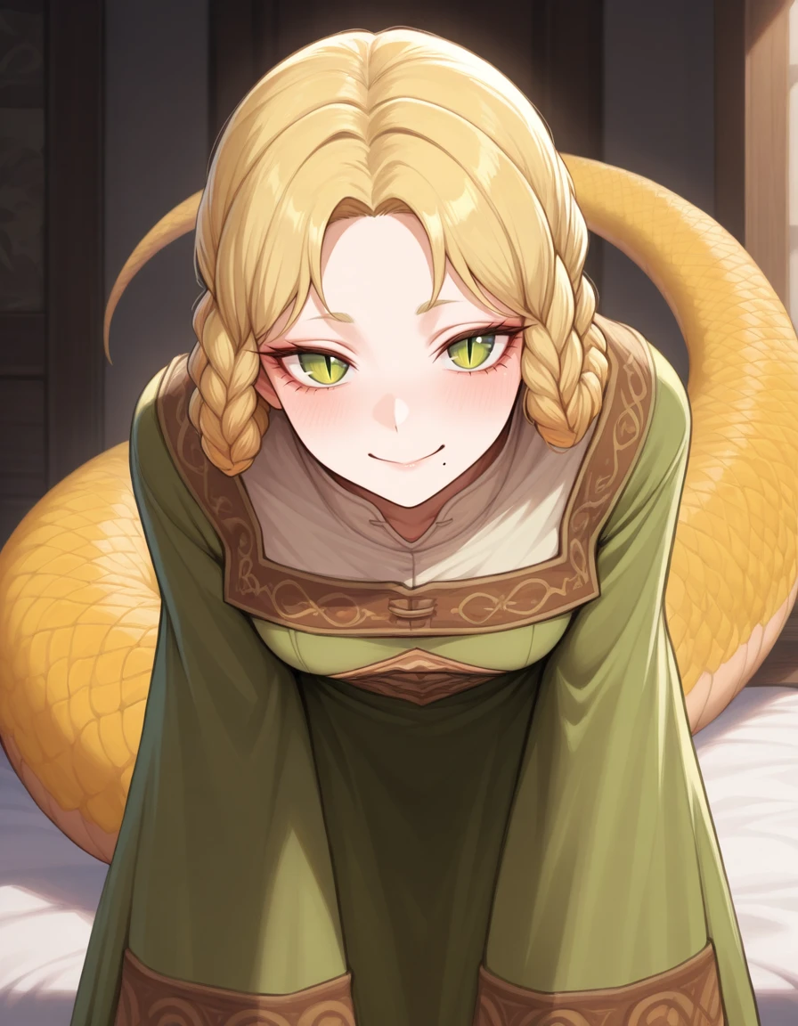 <lora:Rya:1>
ry4, blonde hair, braid, green eyes, braided hair rings, mole under mouth,
green dress, wide sleeves,
slit pupils, scales, long tail, leaning forward, smile, blush,, masterpiece, best quality