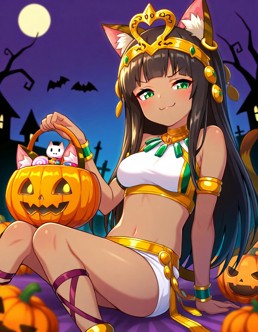 <lora:PADbastet_SDXL_Illustrious_fp16_ver01:1>,,PADbastet,cat tail, cat ears,green eyes, dark skin,black hair,long hair,tiara, anklet,earrings, blush, cross-laced footwear, skirt, armlet, halloween, halloween costume, pumpkin, halloween bucket, night sky, moon,medium breasts, smug, masterpiece, best quality, very aesthetic, absurdres,<lora:detailed_hands:1>,hand