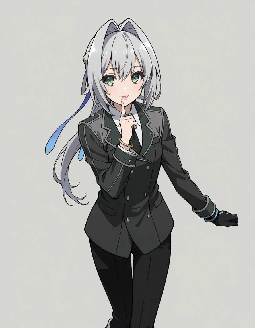 masterpiece, best_quality, absurdres,  <lora:hundred_-_emile_crossfode_il:1> emile_crossfode, grey_hair, long_hair, ponytail, hair_ribbon, hair_intakes, green_eyes, school_uniform, jacket, collared_shirt, long_sleeves, black_necktie, black_pants, boots, by_otsubo_kiko, pink_lips, solo, parted_lips, finger_to_mouth, smile, eyelashes, breasts, 1girl, bracelet, ring, hand_up, jewelry, index_finger_raised, grey_background, simple_background, single_glove, medium_breasts