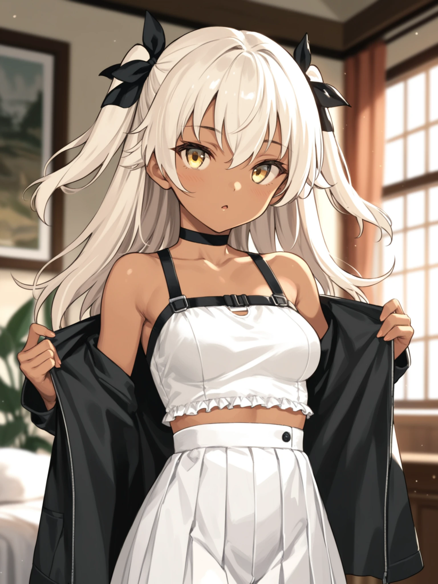 <lora:happy_tentacle-kanaguri-v0.3-000011:1>, ht_kanaguri, choker, dark-skinned female, two side up, hair ribbon, yellow eyes, medium breasts , grimace, indoors, cowboy shot, (petite:1.2), 1girl, solo focus, (looking at viewer:1.1), , (depth of field:0.8), , <lora:Shed_The_Skin's StS_age_slider_v1_initial_release:-1.2>, score_9, score_8_up, score_7_up, score_6_up, score_5_up, score_4_up, rating_safe