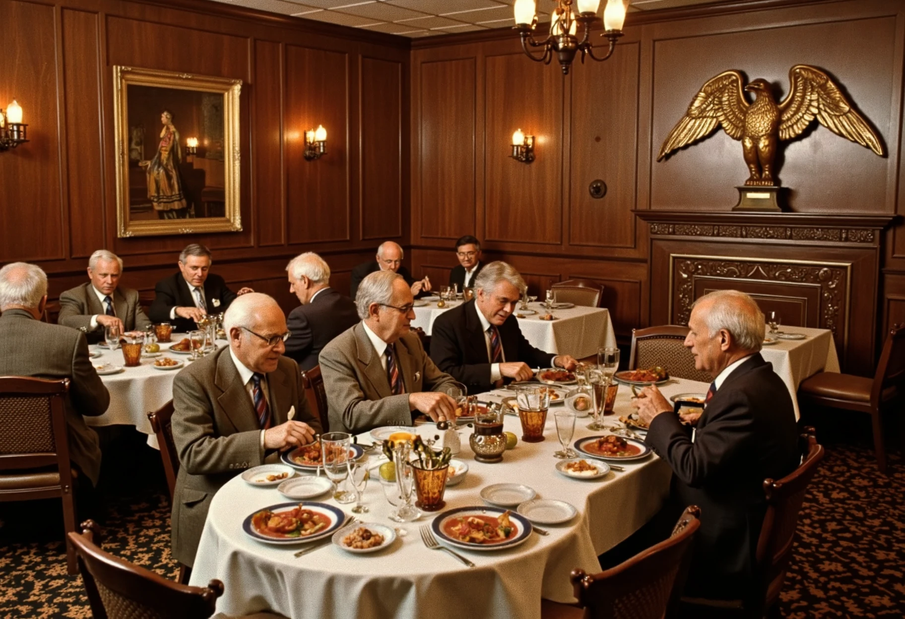 a super swank restaurant with bronze eagles decorating everything, a bunch of old people are eating, 1985