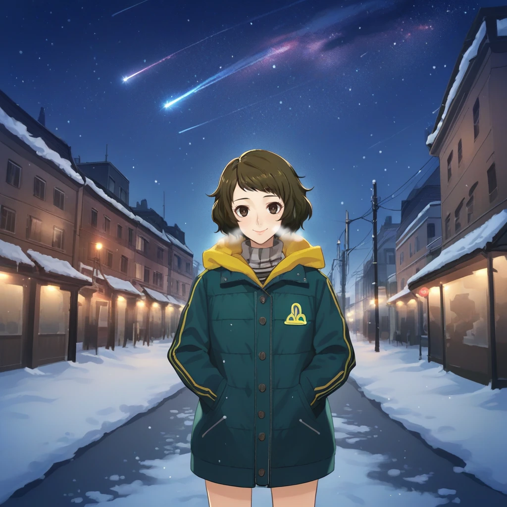 score_9, score_8_up, score_7_up, score_6_up, score_5_up, score_4_up, zPDXL2,source_anime,rating_questionable, 1girl, solo, standing, looking at viewer,  smile  <lora:Meteor_Shower:0.7> m3t3or, night sky, starry sky, outdoors, meteor shower kawakami_sadayo, persona        , urban, winter, snow, large jacket, visible breath