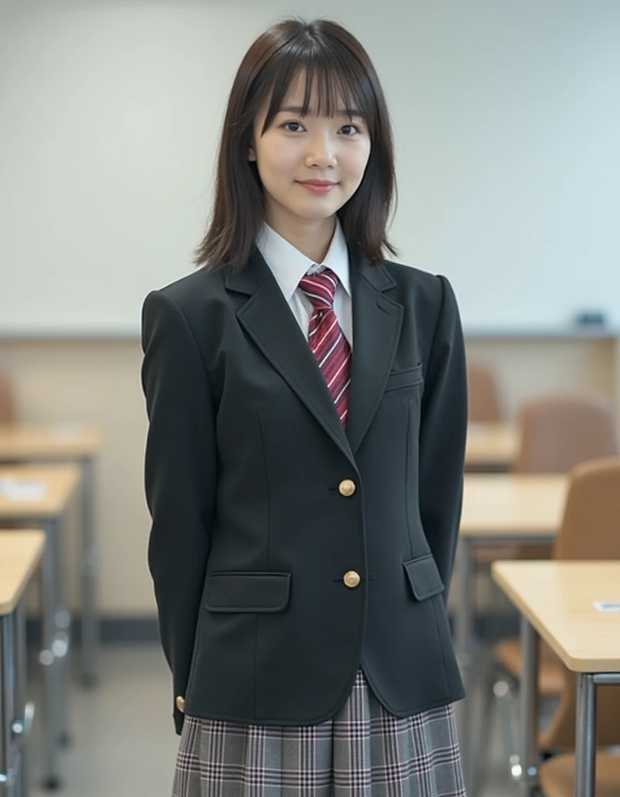 professional photograph of japanese asian woman stands wearing japanese school uniform outfit is coordinated with blazer and necktie and plaid pleated skirt on the classroom with desks and chairs, <lora:japanese-school-uniform-blazer-v1-r10e2-flux1-dev:1>,