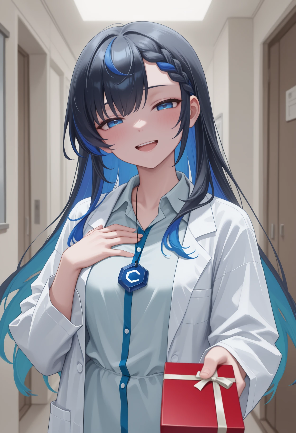 masterpiece, best quality, <break> upper body, solo, 1girl, civitai-chan, blush, :d, upper teeth only, looking at viewer, standing, hand on own chest, incoming gift, long hair, colored inner hair, black hair, blue hair, braided bangs, blue eyes, half-closed eyes, white coat, lab coat, open coat, long sleeves, white shirt, collared shirt, necklace, indoors, hallway
<segment:yolo-Anzhc Face seg 640 v2 y8n.pt,0.4,0.5//cid=1>