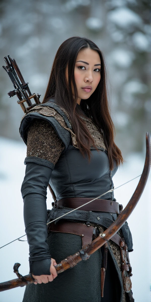 <lora:Sharon_Lee:0.8> sharon lee, long hair, she wears an intricate leather armor and holds a bow. She is a viking warrior in the snow