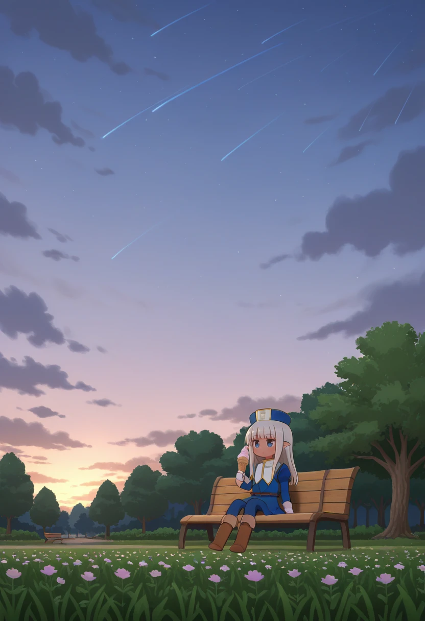 Naga U, 1girl, solo, sitting, karla \(kono healer mendokusai\), from-the-side, holding-ice-cream-cone, flower-field, tree, cloud, scenery, public park, park bench, single shooting star, evening, dark-skin, 
absurdres, highly-detailed, best quality, masterpiece, very aesthetic,   <lora:Karla_Kono_Healer_Mendokusai-000101:1> karlastyle,