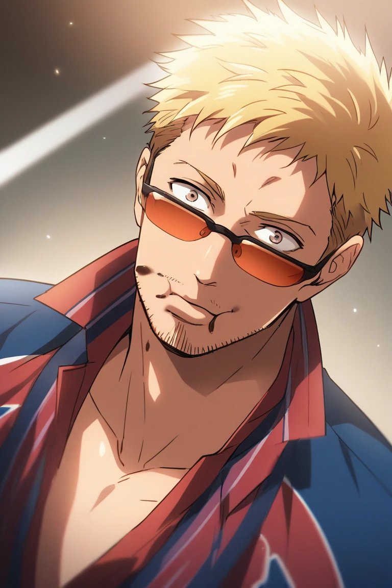 score_9, score_8_up, score_7_up, source_anime, rating_questionable, anime coloring, subsurface scattering, realistic shading, natural lighting, food theme, chocolate mark on mouth, eating, male focus, looking at viewer, expressive face, KaneFF, blonde_KaneFF_short hair, KaneFF_facial hair, orange_KaneFF_sunglasses, 1boy, surprised, wide-eyed, puffed cheeks, cute face, shiny skin, medium shot, wealthy clothes, necklace, shirt, from above, dutch angle, dynamic angle, intricately detailed illustration, depth of field, atmospheric perspective, masterpiece, best quality, amazing quality, very aesthetic, absurdres, newest, anime screencap