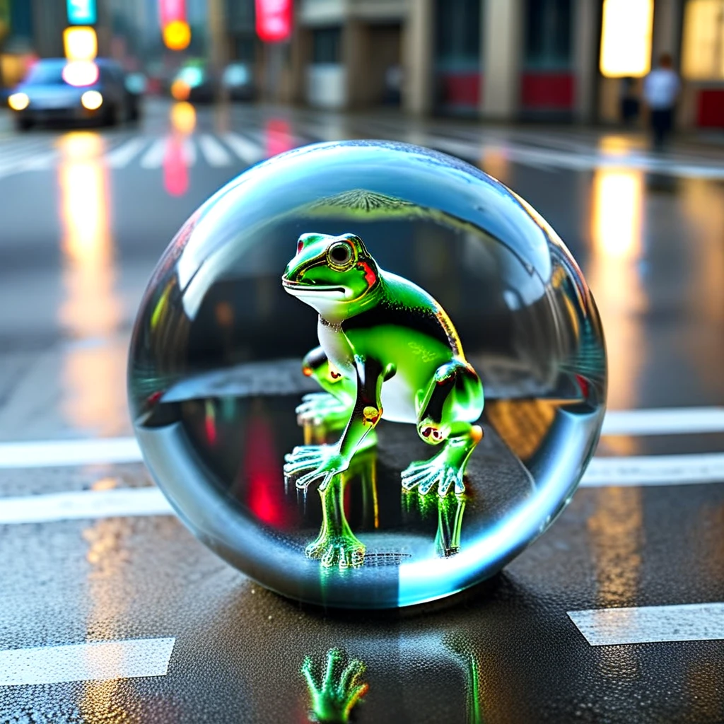 glass frog, solo, outdoors, solo_focus, blurry, no_humans, depth_of_field, blurry_background, building, reflection, photorealistic, cityscape, realistic, transparent, photo_background, reflective_floor, crosswalk, real_world_location,  <lora:Crystal_ornament_IL_v1:0.5>