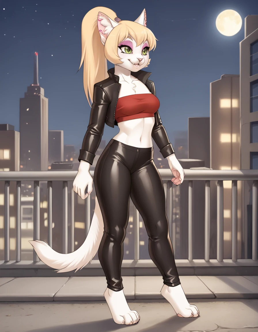 outdoors,city,night, night sky, full moon, 
full body,smile,long eyelashes,parted lips,
latex pants, tube top, leather jacket, pose
<lora:Alisa_v01_PDXL:1>,Alisa,1girl,solo,furry female,cat girl,green eyes,eyeshadow,animal ears,long hair,blonde hair,ponytail,cat tail,animal nose,body fur,white fur,snout,fangs,