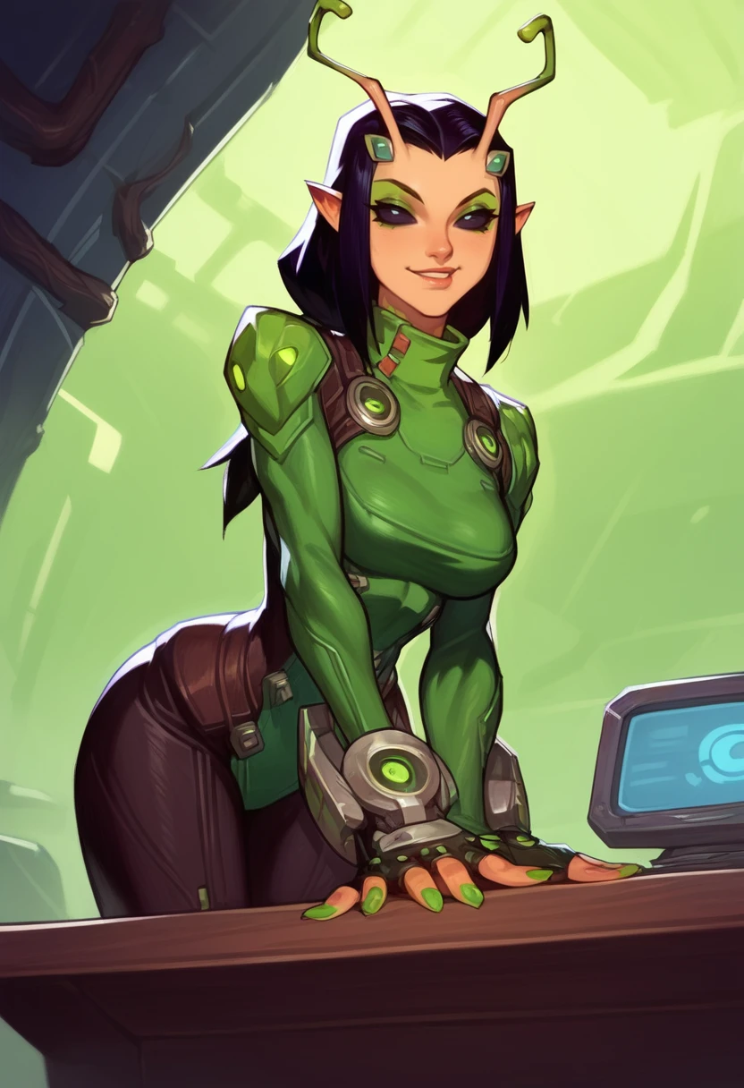 score_9, score_8_up, score_7_up, score_6_up, expressiveh, mantis_rivals, green details, 1girl, solo, black and green clothes, antennae, medium hair, ponytail, black hair, bodysuit, hand equipment, fingerless gloves, pointy ears, vines, nail polish, green nail polish, green sleeves, green cowl, black pants, makeup, black eyes, looking at viewer, spaceship, spaceship interior, detailed background, dynamic pose, dynamic angle, black sclera, futuristic background, futuristic monitors, monitors on background, sexy pose, seductive pose, smile, seductive smile, perfect body, sexy, seductive, looking at viewer,  cropped, cowboy shot,sexy pose, seductive pose, biting lips, horny, slut, leaning forward, leaning in, from below, leaning over table, breasts focus, <lora:[GP] somethingweird [Pony XL]:1> <lora:Mantis_Marvel_Rivals_-_PonyXL:0.6>