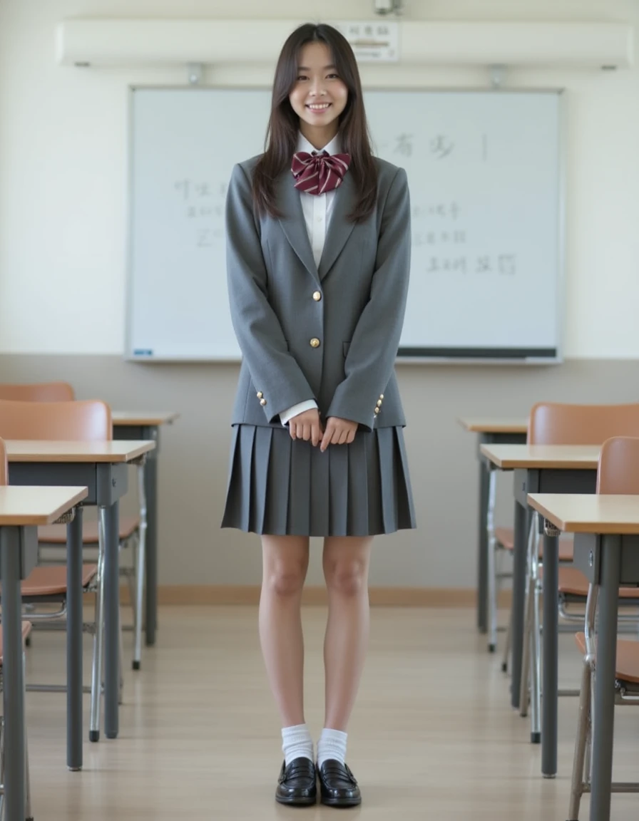 professional photograph of japanese asian woman stands wearing japanese school uniform outfit is coordinated with gray blazer and ribbon tie and pleated skirt and socks and loafers on the classroom with desks and chairs, <lora:japanese-school-uniform-blazer-v1-r10e2-flux1-dev:1>,
aidmafluxpro1.1, <lora:aidmaFluxPro1.1Stylev0.2:0.5>,