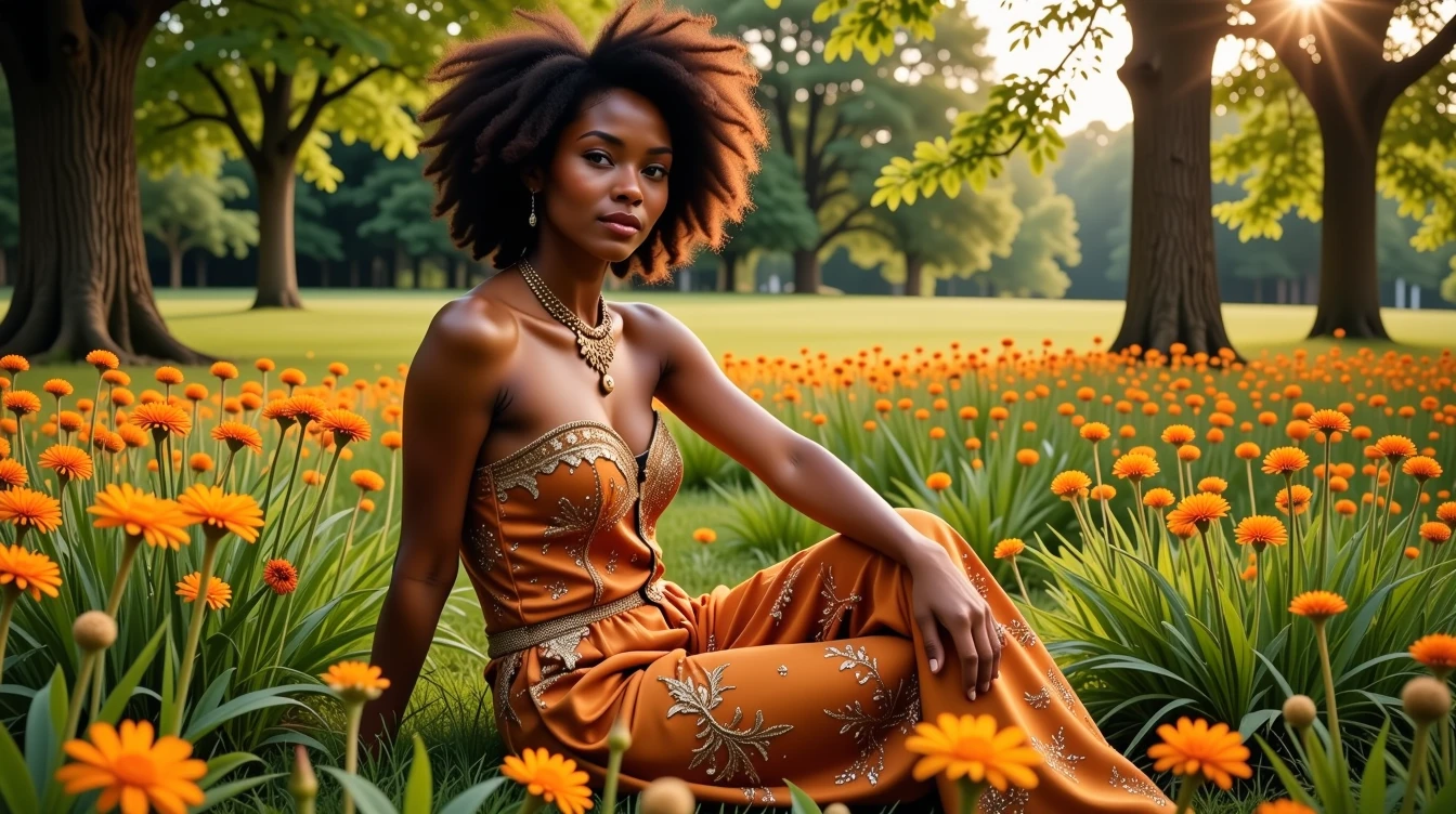 High Fashion, a field of wildflowers. Trees and a beautiful Afro-Canadian woman with a subtle smile sitting down in the sharp background, deep depth of field, clearly defined facial features, (backlight:1.4), dynamic, dramatic, haute couture, elegant, ornate clothing, High Fashion