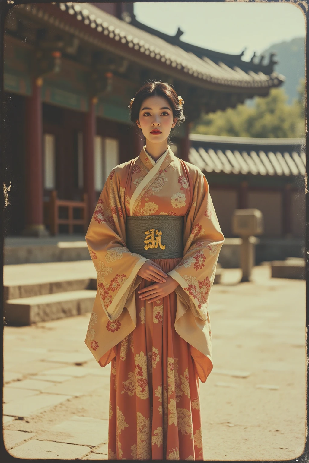 OBbllai,
Full shot of a traditional Asian woman standing in a temple courtyard, head to toe. She wears an ornate, richly embroidered kimono and has a respectful expression. SP polaroid filter adds a vintage feel with sepia tones. Soft, diffused lighting creates a serene atmosphere.