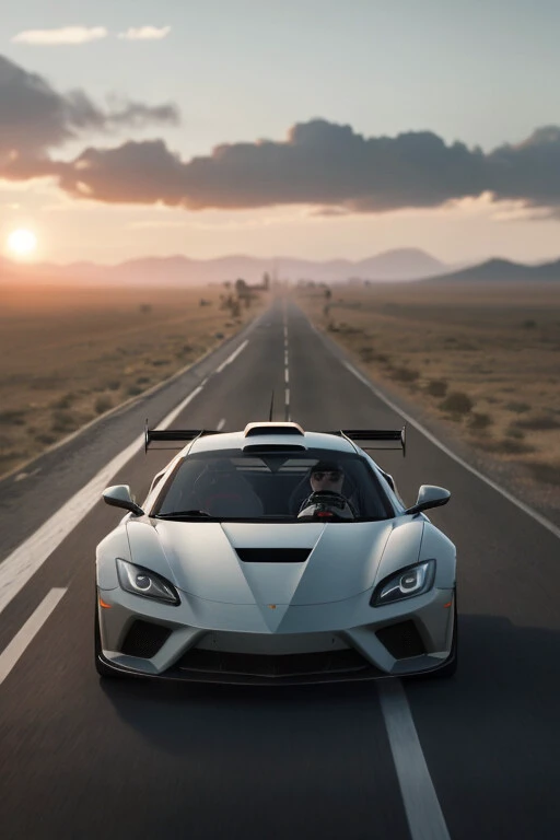 photo of a supercar, 8k uhd, high quality, road, sunset, motion blur, depth blur, cinematic, filmic image 4k, 8k with [George Miller's Mad Max style]. The image should be [ultra-realistic], with [high-resolution] captured in [natural light]. The lighting should create [soft shadows] and showcase the [raw] and [vibrant colors], volumetric dtx, depth blur, blurry background, bokeh, (motion blur:1.001)