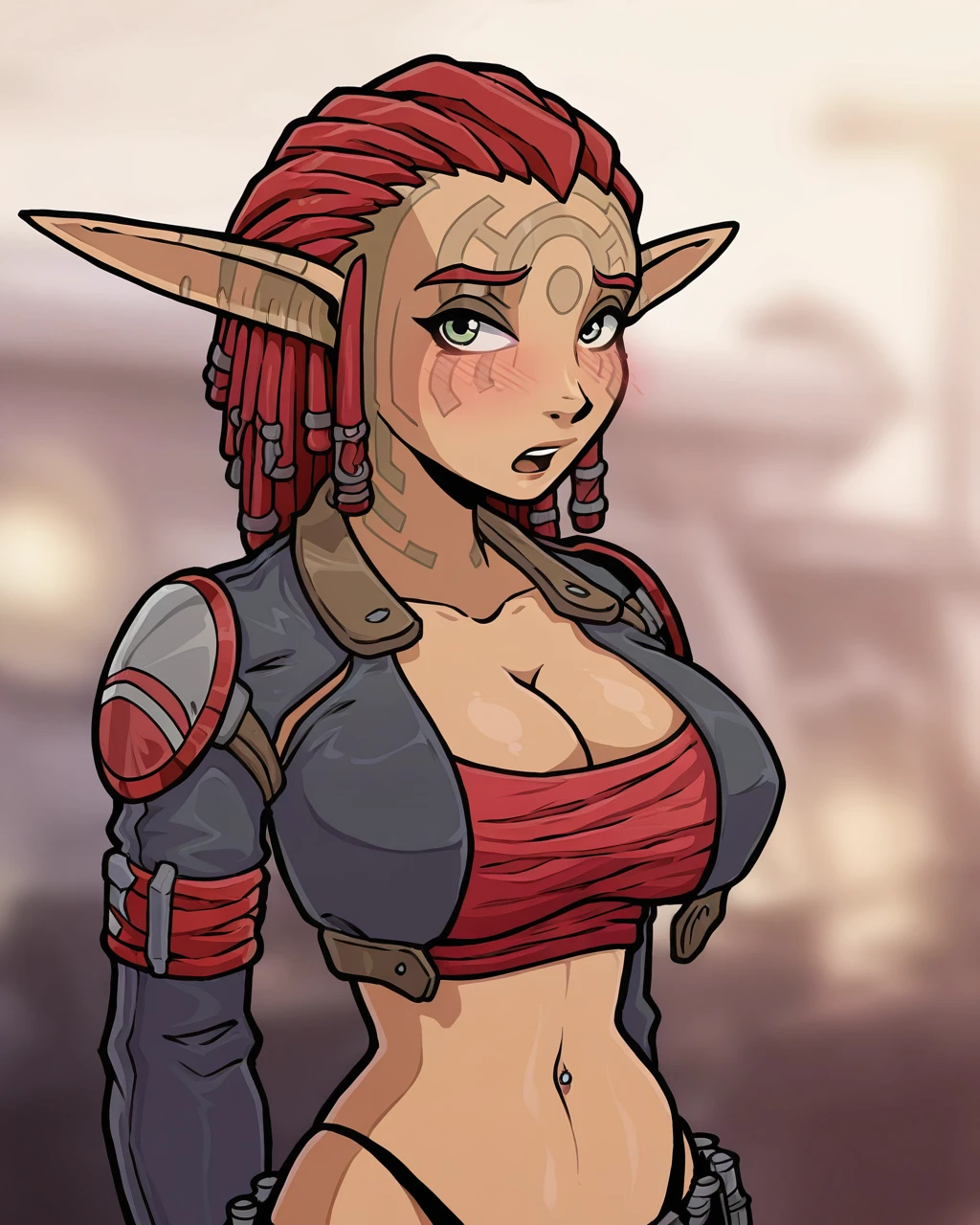 absurdres, high quality, masterpiece, very awa, Akaburstyle, 1girl, solo, breasts, looking at viewer, blush, open mouth, large breasts, navel, cleavage, green eyes, upper body, red hair, pointy ears, midriff, dark skin, crop top, piercing, cropped jacket, hair slicked back, Ashelin Praxis<lora:Akabur_IllustriousV1:1>