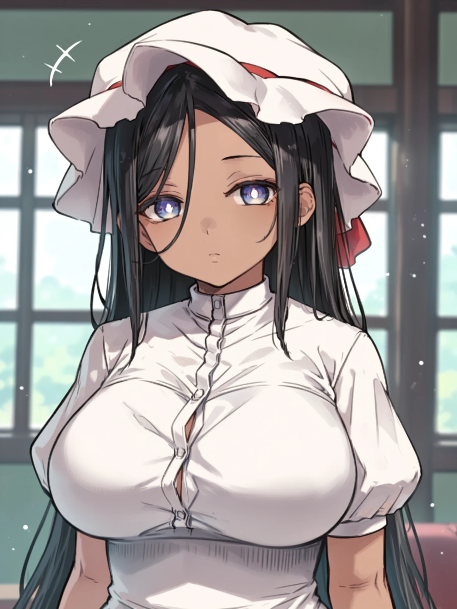 <lora:happy_tentacle-saruaisha-v0.1-000010:1>, ht_saruaisha, dark-skinned female, (purple eyes, black hair:0.7), large breasts, mob cap, white pupils, expressionless, (plump:1.1) , annoyed, indoors, cowboy shot, (petite:1.2), 1girl, solo focus, (looking at viewer:1.1), , (depth of field:0.8), , <lora:Shed_The_Skin's StS_age_slider_v1_initial_release:-1.2>, score_9, score_8_up, score_7_up, score_6_up, score_5_up, score_4_up, rating_safe