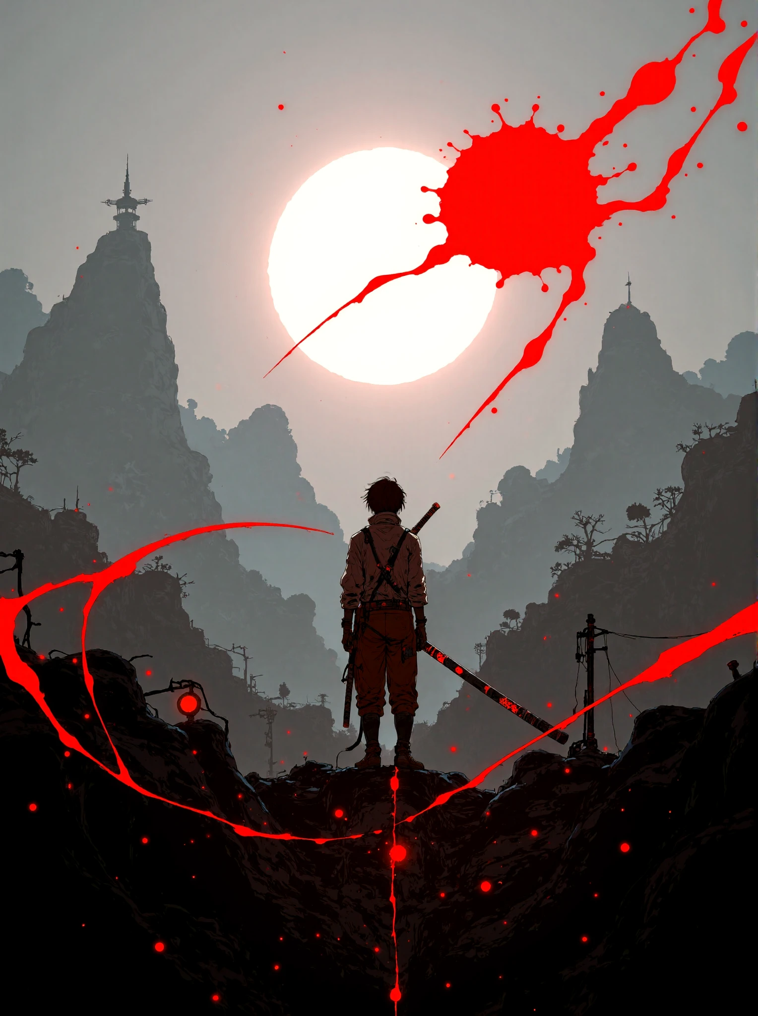 A dramatic and atmospheric silhouette of a lone samurai standing against a misty, monochromatic mountain landscape. The figure is cloaked in tattered robes with faint streaks of red, holding a katana loosely at their side. The backdrop is dominated by a glowing, white sun that is encircled by an abstract red brushstroke, evoking a sense of power, destiny, and sacrifice.
The surrounding environment is minimalistic, with faint outlines of distant mountains, sparse trees, and a traditional Japanese pagoda structure in the far background, adding depth and cultural context. The color palette is stark, blending muted grays and blacks with striking red accents that symbolize violence and resolve. The overall composition is cinematic and emotive, capturing the essence of a wandering warrior in a moment of introspection or preparation for an impending battle.
The art style combines modern digital illustration techniques with traditional Japanese ink painting influences, blending sharp contrasts and soft gradients to create a sense of mysticism and foreboding.
 <lora:Let_It_Blaze_in_Crimson:1>