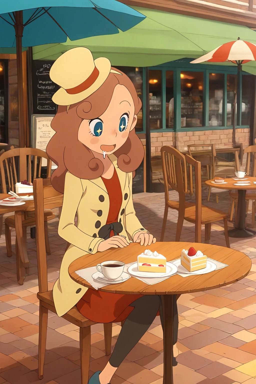 masterpiece, best quality, amazing quality, katriellelayton, 1girl, solo, uncensored, sitting, drooling, sparkling eyes, open mouth, smile, upper body, looking down, black ribbon, brown hair, blue eyes, small brown hat, brown coat, red dress, black leggings, blue shoes, outdoors, cafe, parasol, table, chair, cake slice