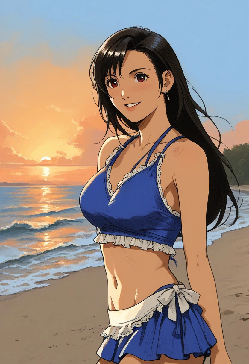 Bpb1,Traditional media,(semirealistic sketch), (2d:1.2)  ,Score_9, score_8_up, score_7_up, score_6_up ,(t1fa:1.2) , 1girl, random scenareo, outdoors, beach,midriff, dynamic expression, dark blue bikini, white frills, sunset