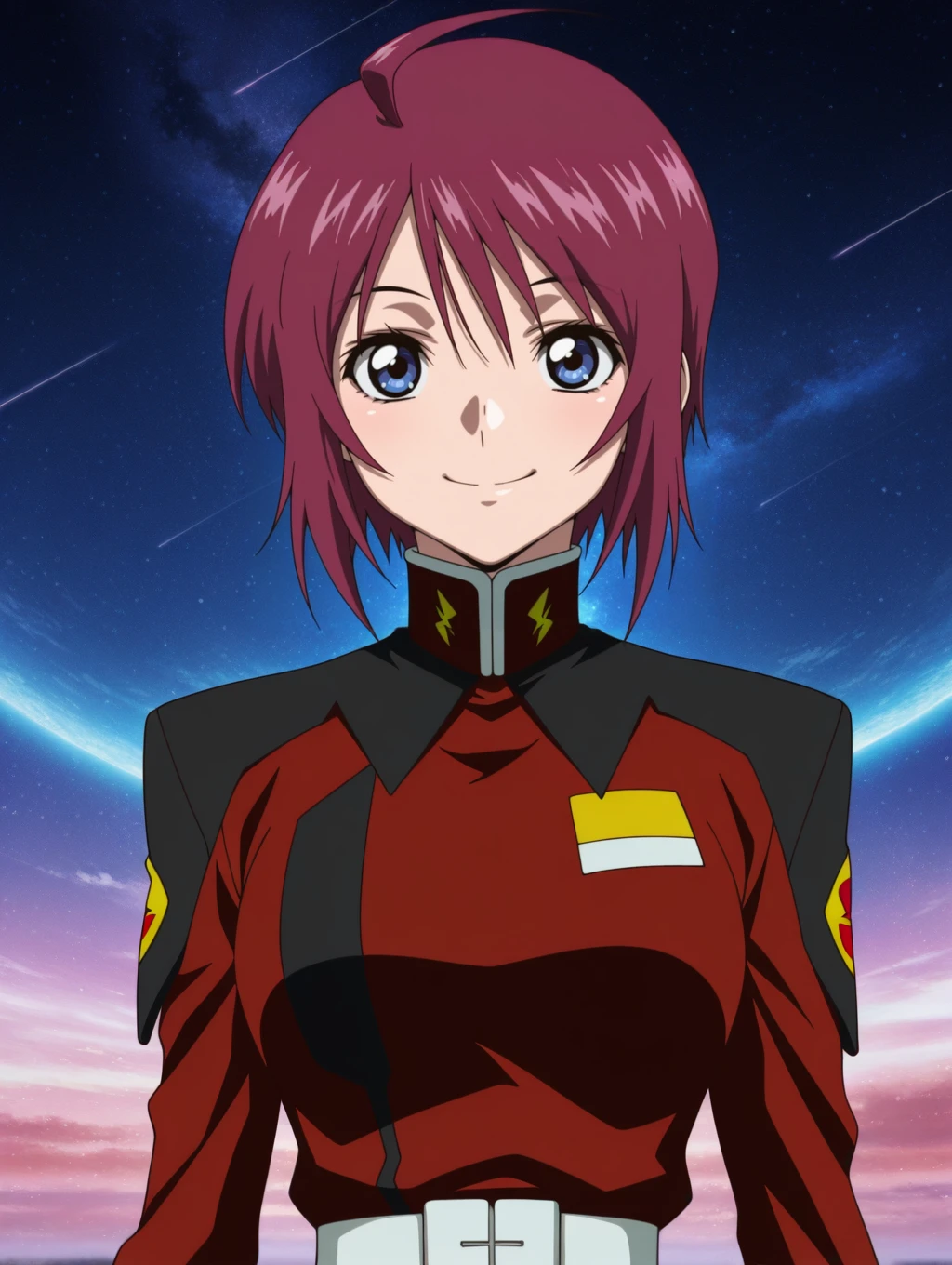 masterpiece,best quality,amazing quality,source_anime,anime coloring,<lora:Lunamaria_Hawke_SEED_Destiny_Illustrious:0.8>,lunamaria,1girl,solo,blue eyes,red hair,short hair,ahoge,destiny jacket,belt,smile,multicolored background,portrait,upper body,looking at viewer,