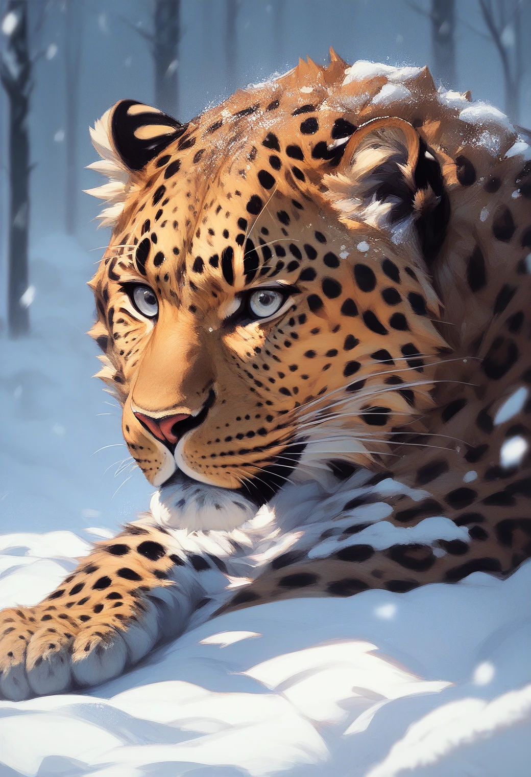 (score_9, score_8_up, score_7_up:1.4), feral, quadruped, solo, (leopard:1.3), on snow, heavy snowing, winter, forest, dappled sunlight, silver eyes, chiaroscuro, bokeh, depth of field, amurleopard, best quality, best aesthetic, masterpiece, amazing quality, absurdres, <lora:amurleopard_pony_18-000011:1.2>