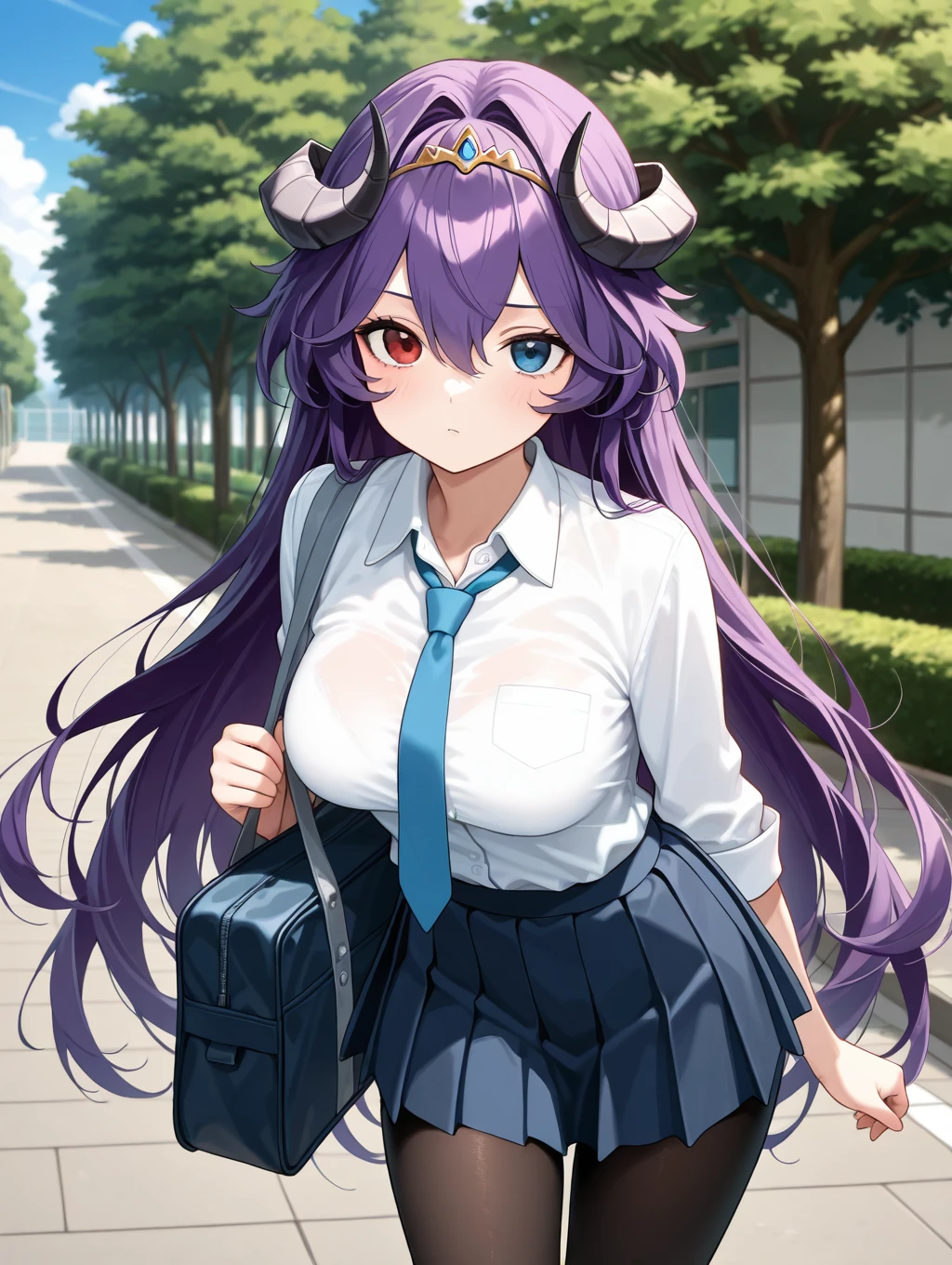 andras, 1girl, solo, long hair, looking at viewer, blue eyes, skirt, large breasts, shirt, red eyes, hair between eyes, medium breasts, very long hair, school uniform, white shirt, purple hair, pantyhose, pleated skirt, outdoors, necktie, horns, sky, day, collared shirt, bag, tree, blue skirt, black pantyhose, heterochromia, tiara, school bag, blue necktie, multiple horns

masterpiece, best quality,amazing quality, very aesthetic, absurdres, depth of field, blurry background, extremely detailed face, detailed eyes