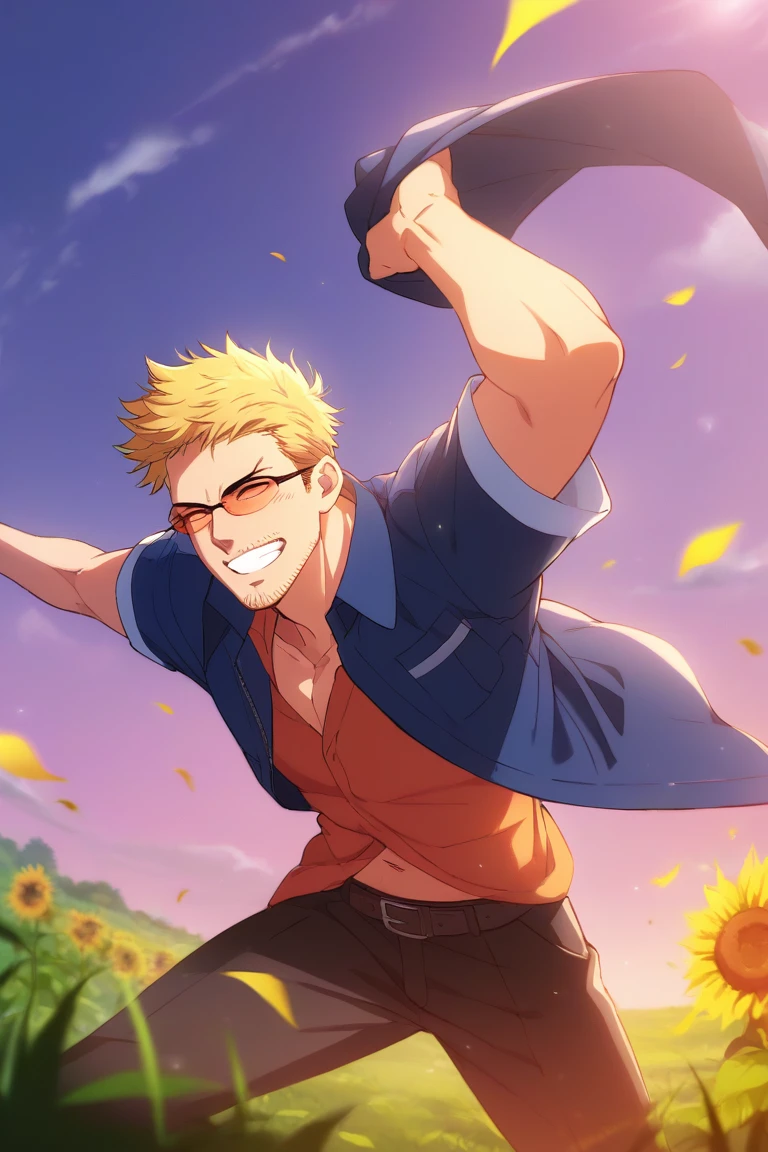 score_9, score_8_up, score_7_up, source_anime, rating_questionable, subsurface scattering, realistic shading, golden hour lighting, spring theme, legs apart, male focus, leaning forward, looking at viewer, cute expressive face, KaneFF, blonde_KaneFF_short hair, KaneFF_facial hair, orange_KaneFF_sunglasses, closed eyes, 1boy, grin, wide smile, teeth, blushing, happy, shiny skin, cowboy shot, outstretched arms, oversized arms, navel, spring clothes, shirt, belt, cosplay, windy, floating clothes, floating hair, outdoors, cloud, purple-pink gradient sky, sunflower, grass, from below, dutch angle, dynamic angle, bottom-pov, intricately detailed illustration, depth of field, atmospheric perspective, masterpiece, best quality, amazing quality, very aesthetic, absurdres, newest, anime screencap