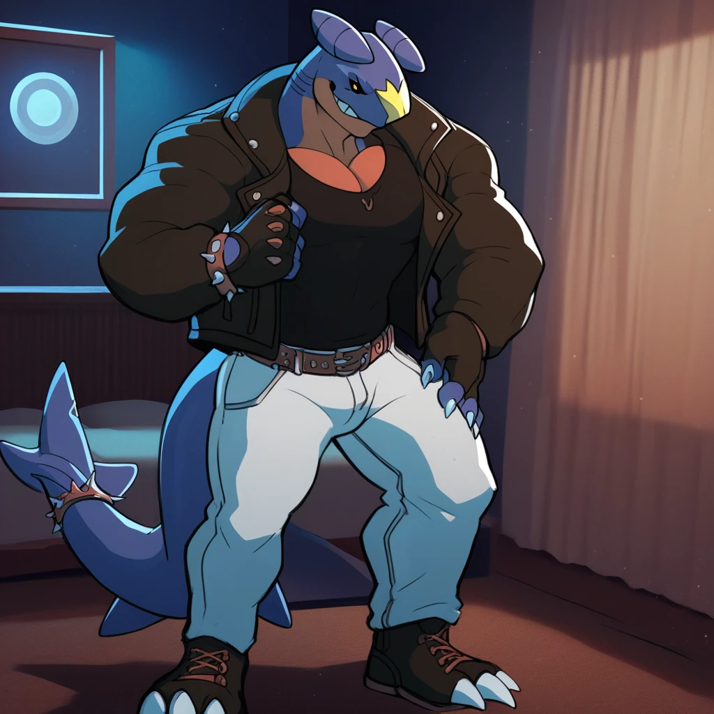 score_9, score_8_up, score_7_up, score_6_up, score_5_up, score_4_up, high quality, detailed, Bass, Garchomp, pokemon (creature), anthro, 1boy, solo, male, black sclera, yellow eyes, muscular, leather jacket, shirt, spiked bracelet, pants, belt, fingerless gloves, claws, footwear, bedroom, night, smile