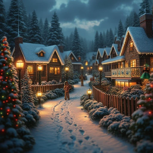 high angle ultra wide lens photo thomas-kinkade style Christmas village