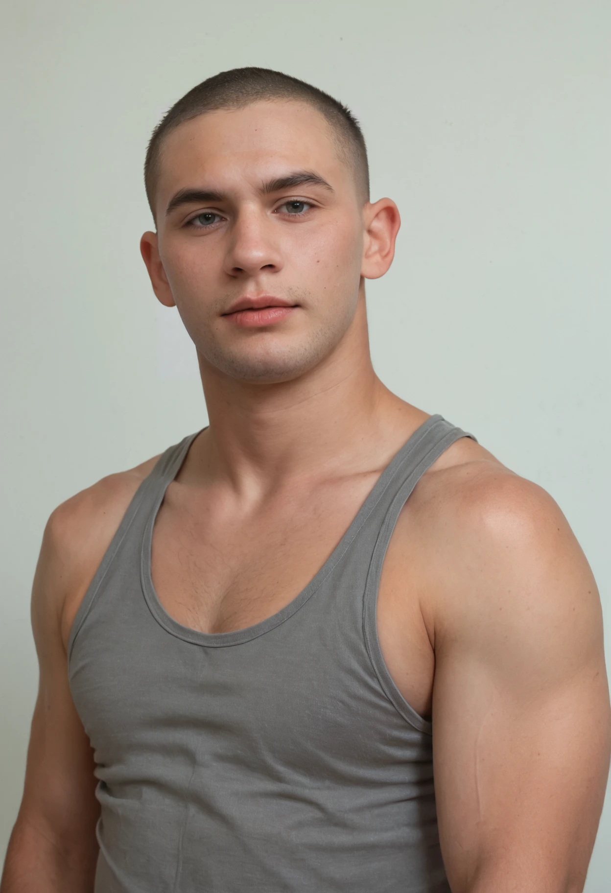 score_9, score_8_up, score_7_up, score_6_up, realistic, photorealistic, highly detailed, portrait photo, <lora:xl_sc_jamie_v2-05:0.8> jamieperson wearing grey tank top shirt, buzz cut, white background