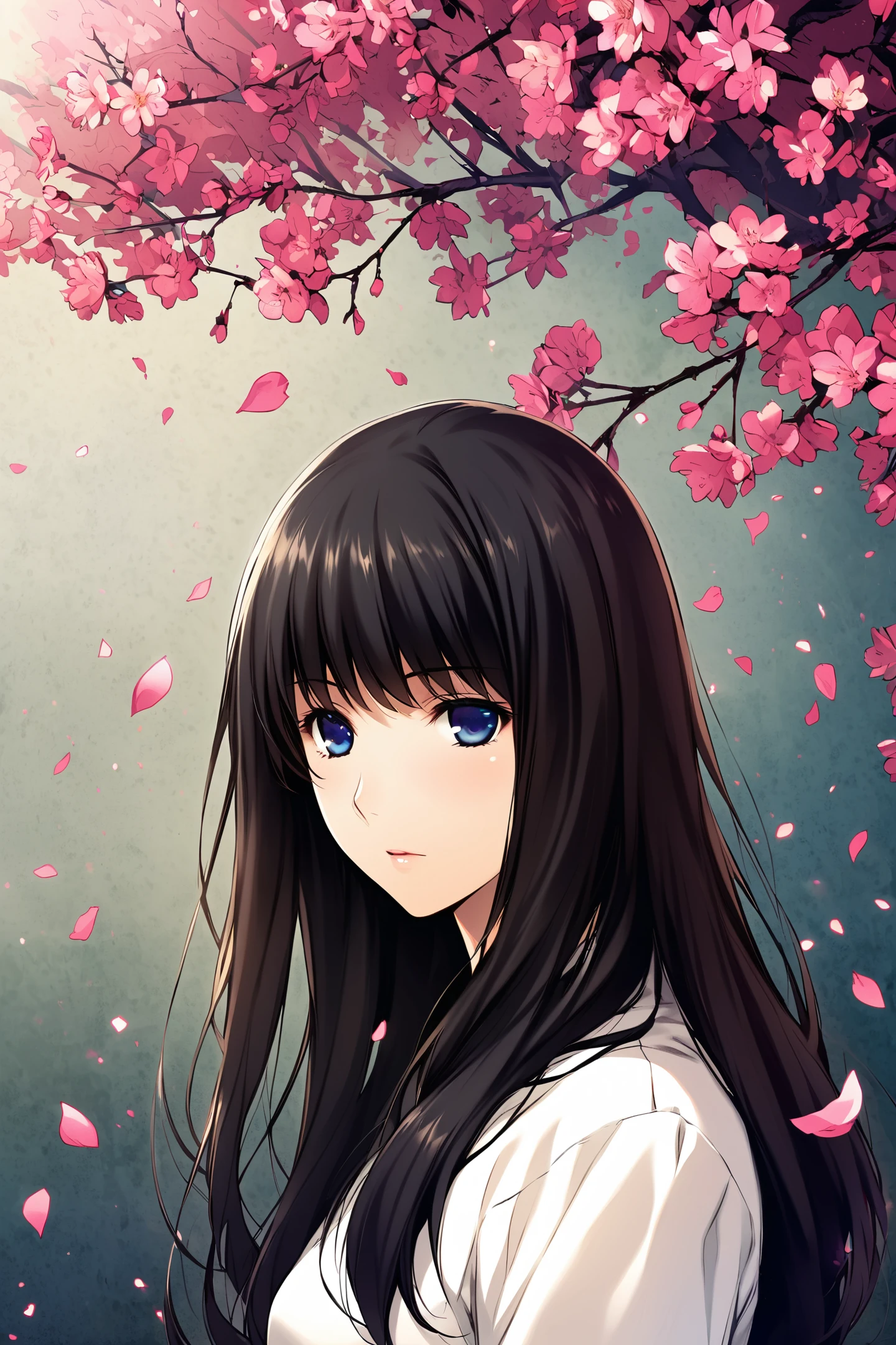 Kuchiki Touko,1girl,solo,long hair,blue eyes,petals,blck hair,upper body,
<lora:Sugina Miki_XL:0.8>,