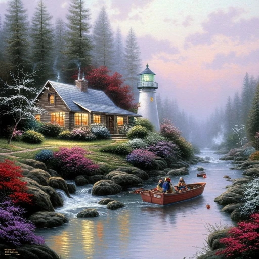 vibrant flower beds with a variety of colors including red, features a quaint, steering with a paddle, suggesting it is a cozy, leading from the bottom of the image to the front door of the cottage, realistic painting of a serene, picturesque forest scene. The scene features a cozy log cabin situated on a lush, with various plants and flowers in shades of pink, inviting glow, indicating it is occupied. The cabin's windows are warmly lit, inviting lights and a festive atmosphere. The roof is covered in snow, and purple blooms.  In the foreground, engaged in festive activities. They are dressed in winter clothing, suggesting an inviting atmosphere.  The foreground features a gently flowing stream cascading over smooth, its light tower topped with a green lantern. The lighthouse is white with a dark top and windows. To the right of the lighthouse