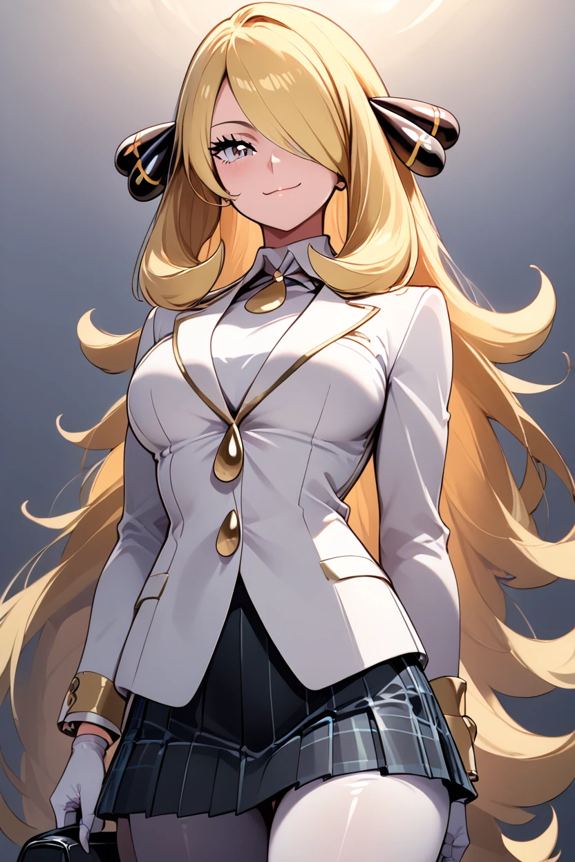 score_9, score_8_up, score_8, medium breasts, (curvy), cute, eyelashes,       ,,, ,  C007Citron, grey eyes, hair over one eye, blonde hair, hair ornament, long hair,  long sleeves, white gloves, white jacket, white pants, alternate costume, shirt,  <lora:Cynthia007PDXL:1>, , BREAK, closed mouth, alternate costume, smile, looking at viewer, collared shirt, blush, sweater, black skirt, eyelashes, long sleeves, sleeves past wrists, plaid skirt, shoulder bag, black bag, blurry, tile floor, pleated skirt, white shirt, cowboy shot, ,,, embedding:zPDXL, Expressiveh, ,,, <lora:Vivid:0.7>, <lora:Uncensored_PonyXL_cpt_v02.09:0.4>, <lora:Expressive_H-000001:0.4>,