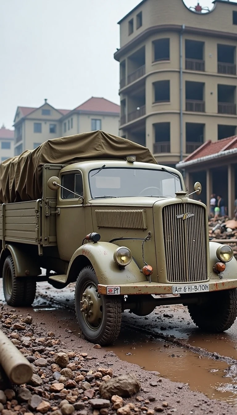 A World War 2 era OPB truck with camouflage paint driving through a bombed-out German city. The truck is partially covered in mud, with beads of mud on the hatch and splashes on the treads. The background features crumbling buildings and debris, with neutral lighting to enhance clarity and focus on the truck.