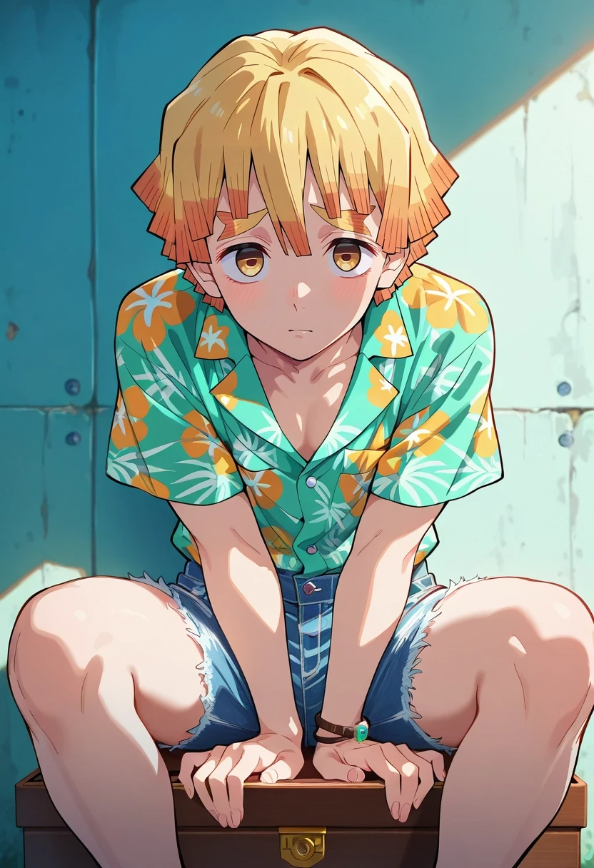 masterpiece, best quality, intricate details, , looking at viewer, , 1boy, solo, male focus, <lora:zenitsu_agatsuma_ilxl:0.96>, zenitsu_agatsuma, blonde hair, yellow eyes, short hair, bangs, , Floral Linen Denim cutoff shorts, Rayon Hawaiian shirt, , , Jewelry box