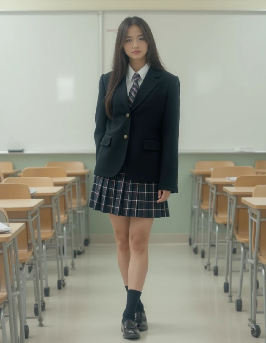 professional photograph of japanese asian woman stands wearing japanese school uniform outfit is coordinated with black blazer and necktie and plaid pleated skirt and socks and loafers on the classroom with desks and chairs, <lora:japanese-school-uniform-blazer-v1-r10e2-flux1-dev:1>,
aidmafluxpro1.1, <lora:aidmaFluxPro1.1Stylev0.2:0.5>,