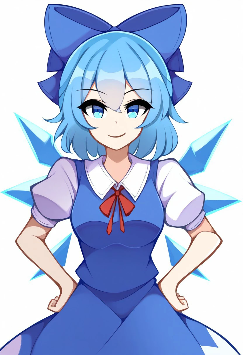 ((KaliningradG style)), ((white background)), ((solo)), (1girl), ((cirno)), hands on hips, cocky smile, closed mouth, blue eyes, white-blue hair, short hair, ice wings, blue dress, short sleeves, blue bow, hair bow, puffy sleeves, red ribbon.