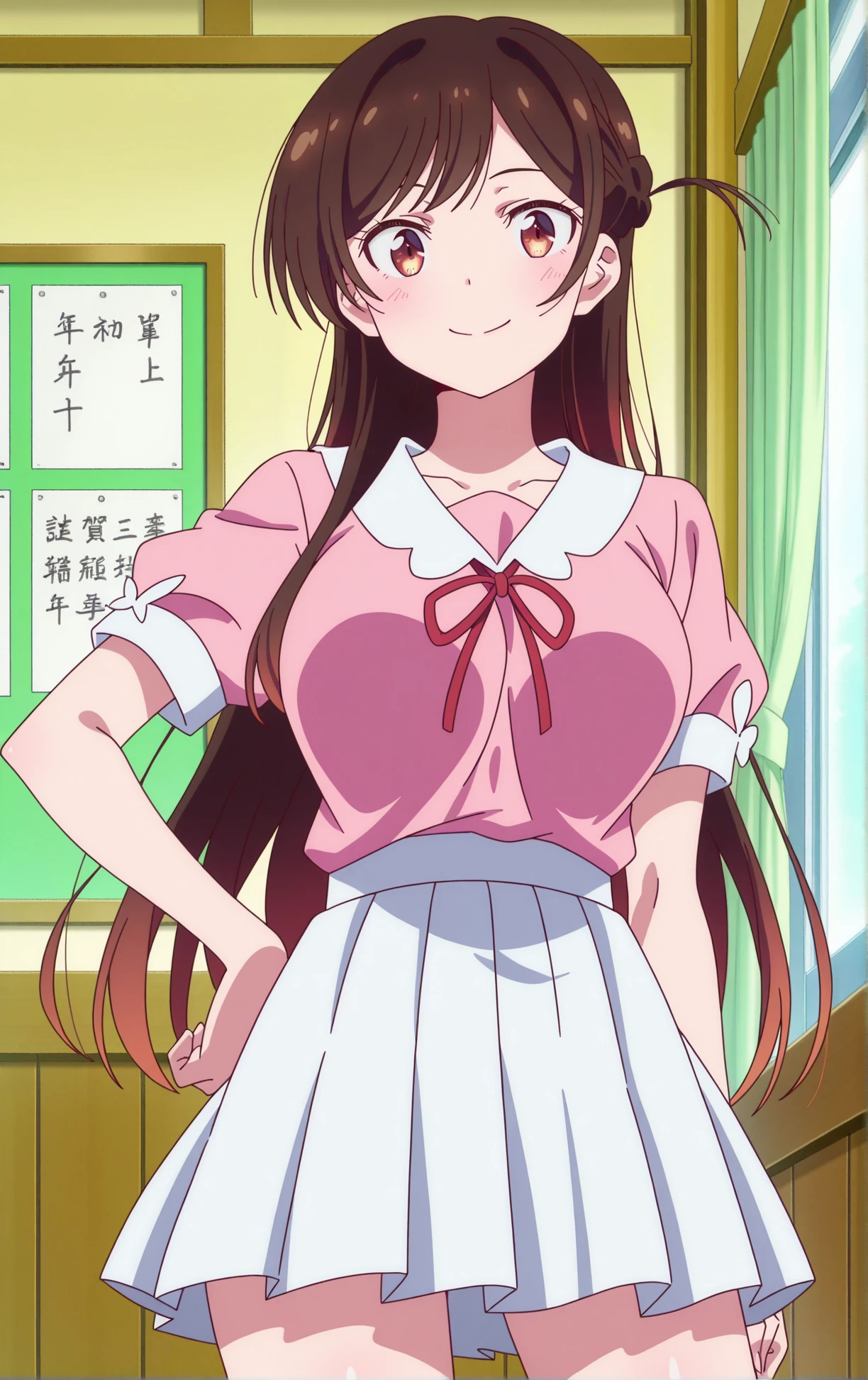 masterpiece, detailed face, best quality, very aesthetic, absurdres, best quality, year 2023,indoors, anime screencap, large breasts,
<lora:Chizuru_Ichinose:0.9>, Chizuru Ichinose, brown hair, brown eyes, long hair, braid,
mizuhara chizuru, 1girl, braid, brown hair, closed mouth, long hair, looking at viewer, miniskirt, hand on own hip, cowboy shot, neck ribbon, one side up, pink shirt, pleated skirt, red ribbon, ribbon, shirt, short sleeves, skirt, smile, solo, standing, white skirt,
shiny skin, anime coloring, uncensored, anime screencap,