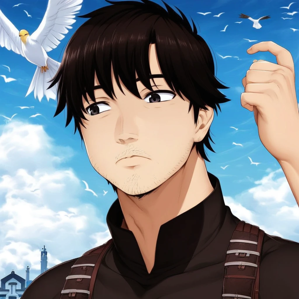 tanaka yoshio, unusial isekai protagonist, 1boy, male focus, solo, sky, facial hair, stubble, day, black hair, blue sky, cloud, bird, outdoors, black eyes,