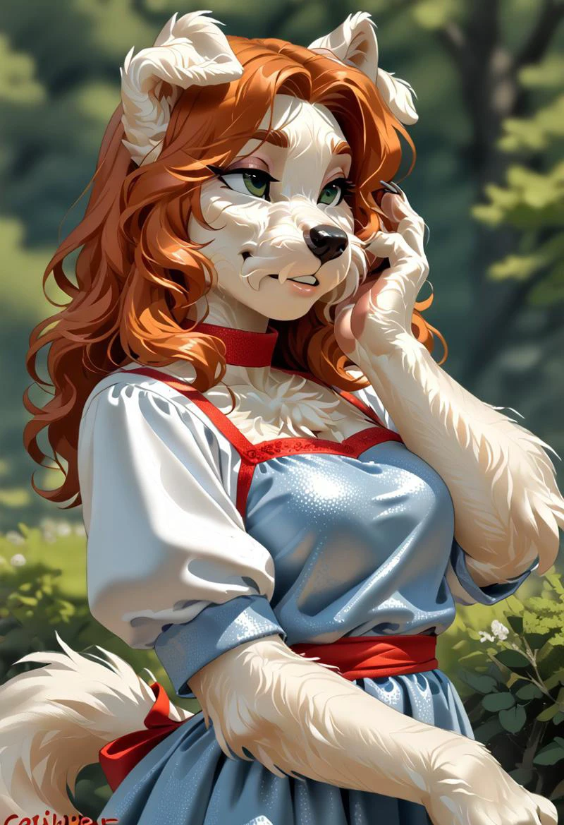 score_9, score_8_up, score_7_up, (by kittydee:1.5), (by jailbird:1.5), (by zummeng:1.5), masterpiece, best quality,   
(Furry Art: Anthro: Scottish Terrier:1.5), 1girl, expressive eyes, feminine eyes, perfect face, feminine face, scottish terrier, dog, canine, long face fur, pointy dog ears, long body fur, white fur, red hair, wavy hair, medium breasts, armored dress,