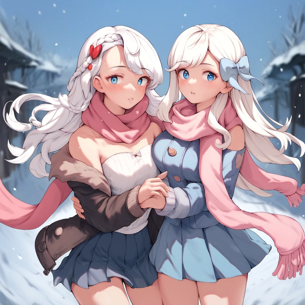 Score_9, score_8_up, score_7_up, s0s0, multiple girls, 2girls, shared scarf, shared clothes, scarf, pink scarf, blue eyes, long hair, looking at viewer, skirt, pleated skirt, dress, blush, long sleeves, braid, breasts, bow, blue skirt, bangs, hair bow, bare shoulders, jacket, white hair, parted lips, strapless, miniskirt, strapless dress, red scarf, hair ornament, cowboy shot