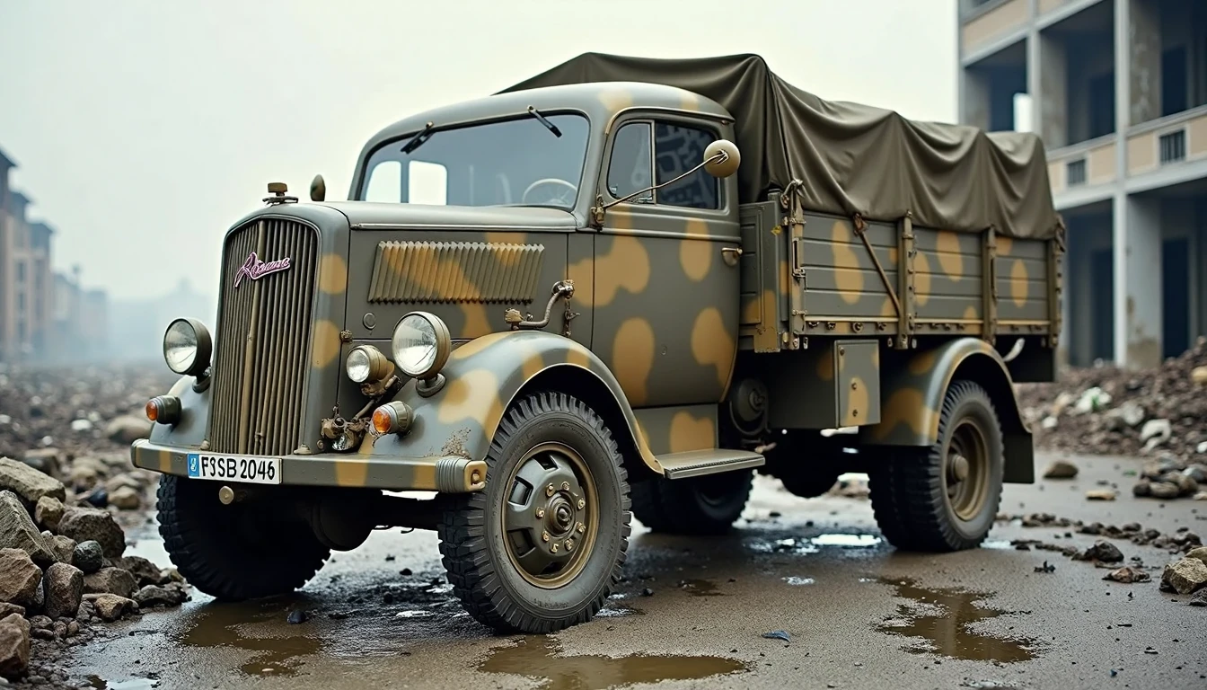 A World War 2 era OPB truck with camouflage paint driving through a bombed-out German city. The truck is partially covered in mud, with beads of mud on the hatch and splashes on the treads. The background features crumbling buildings and debris, with neutral lighting to enhance clarity and focus on the truck.