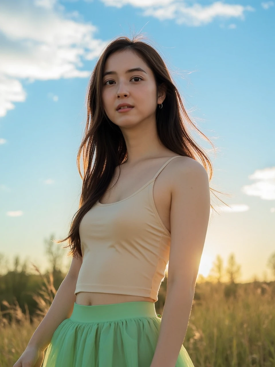 The image is a portrait of a young woman named nozomi standing in a field. Snow-white skin. She is wearing a beige tank top and a green tulle skirt. She has long straight hair and She faced the camera with a neutral expression. Her hair fluttered in the wind, messy hair. The sky is blue with white clouds and there are tall grasses in the background. The overall mood of the image is peaceful and serene. Beautiful hands. Hair fluttering in the wind. The overall color of the image is bright and so Time is at dusk, Dazzling sun, The glaring sunlight shone from behind are tall grasses in the background. The overall mood of the image is peaceful and serene. 
﻿